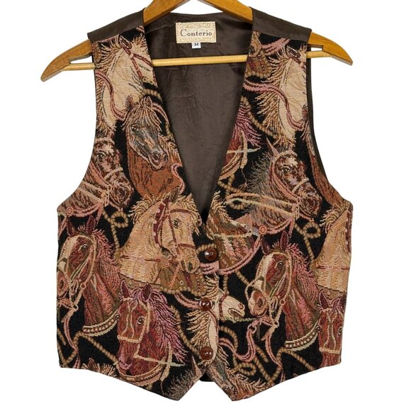 Vtg Conterio Western Horse Print Tapestry Vest Medium Equestrian Button Front US - Picture 1 of 6